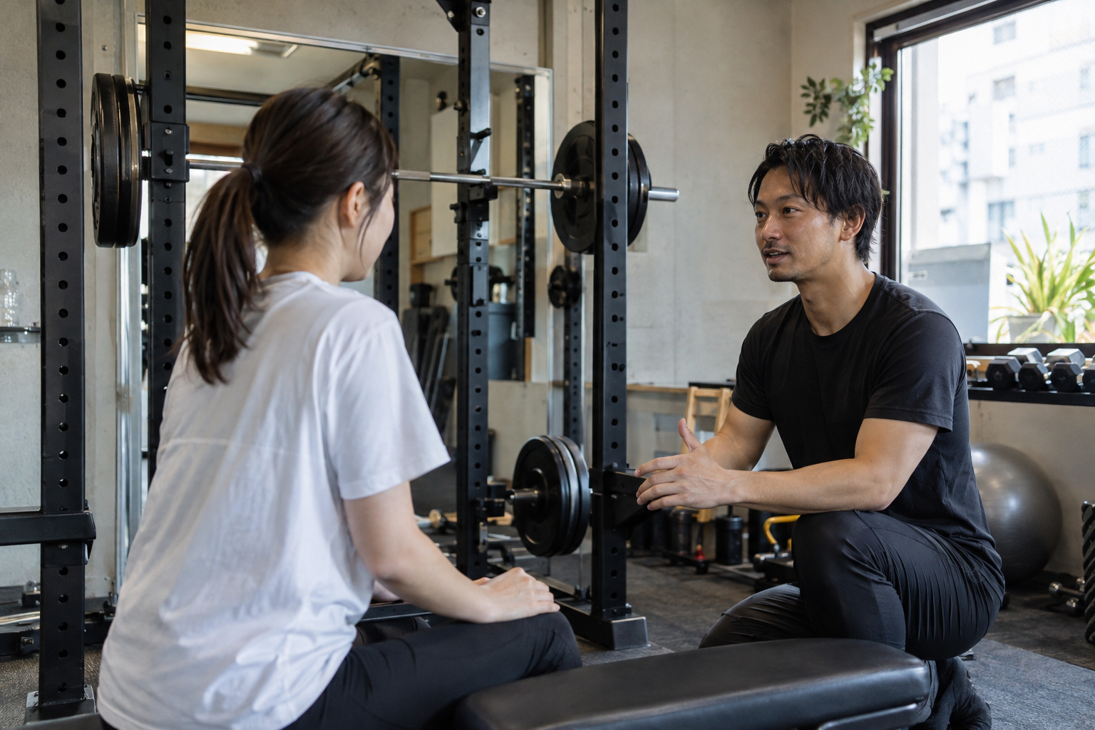日本のパーソナルジムでトレーナーが顧客と話す様子