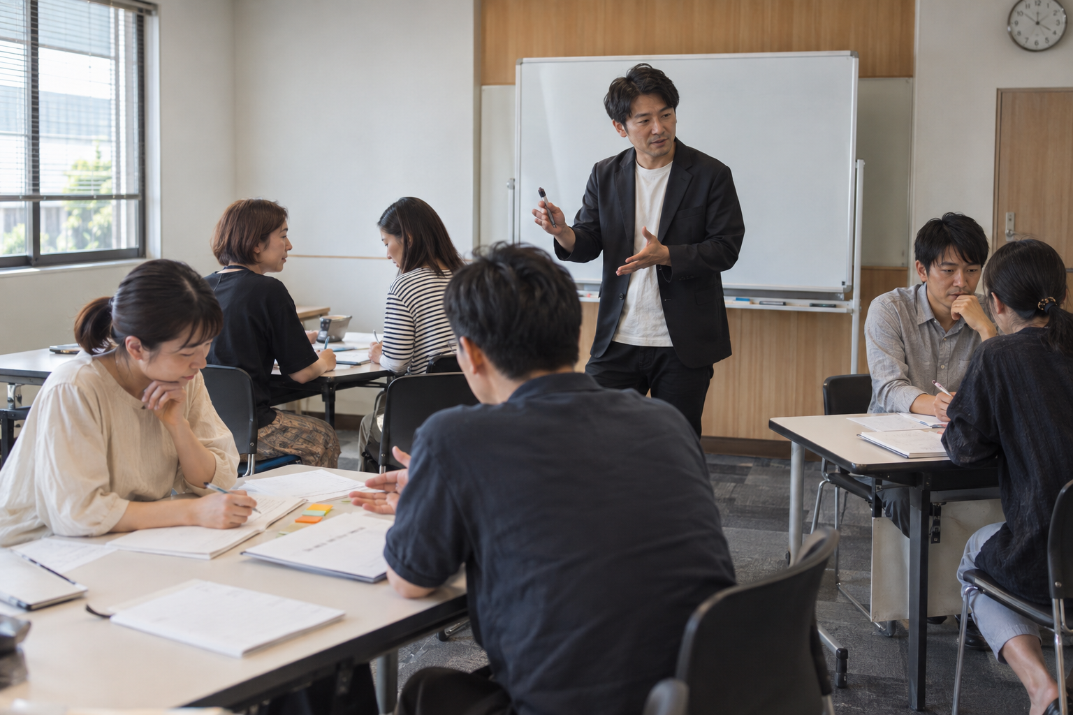日本のリスキリング研修会場で講師と受講者が学ぶ様子