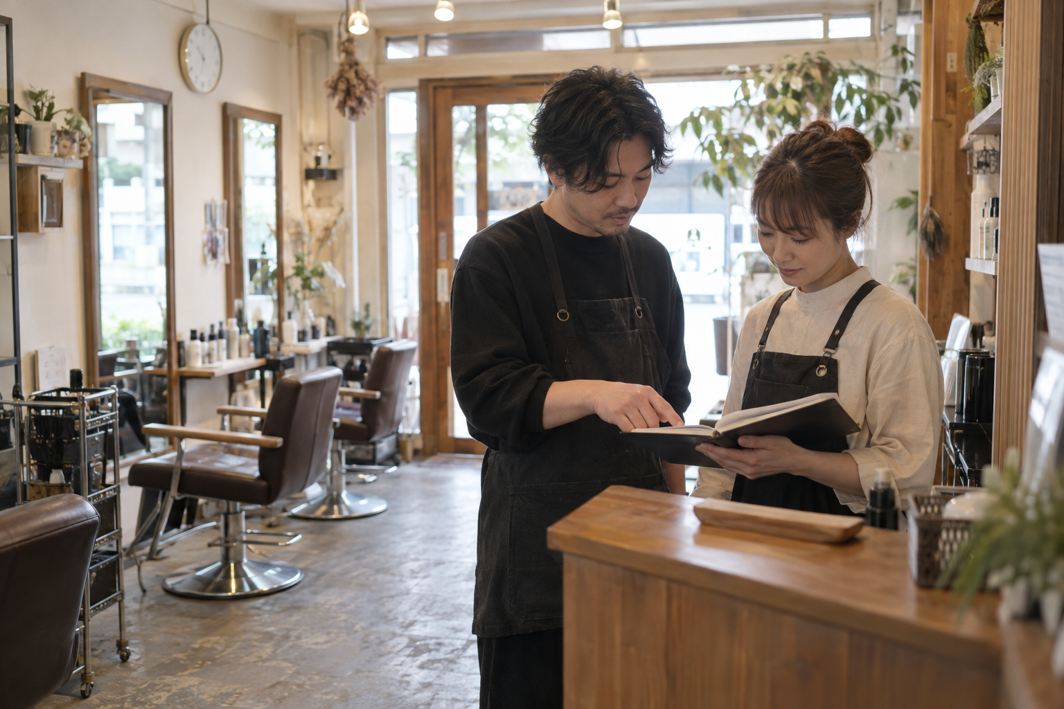 日本のヘアサロンでスタッフが予約を確認する様子